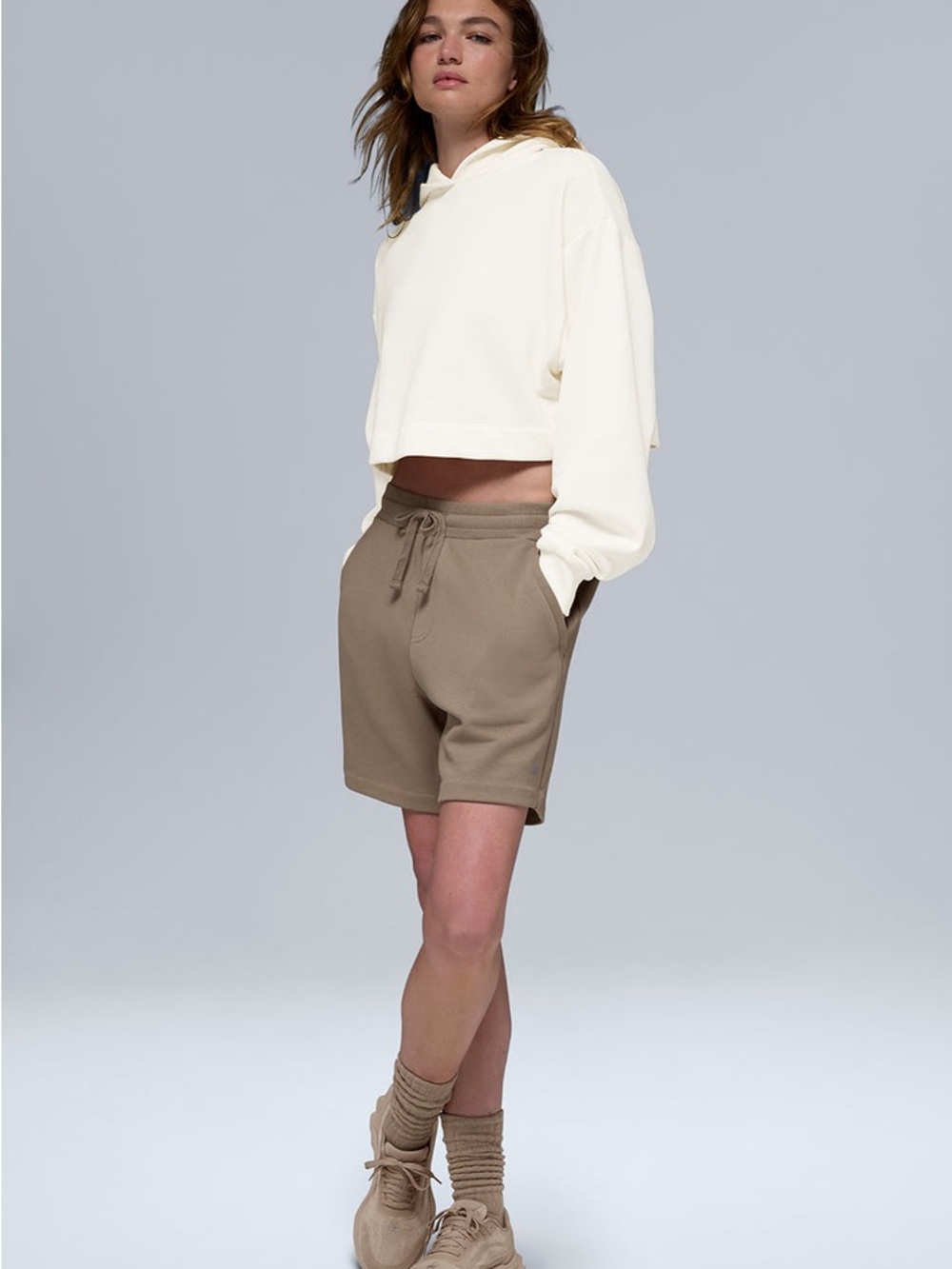 ALO Yoga Bae Women's Large Cream Cropped Hoodie - Picture 2 of 9